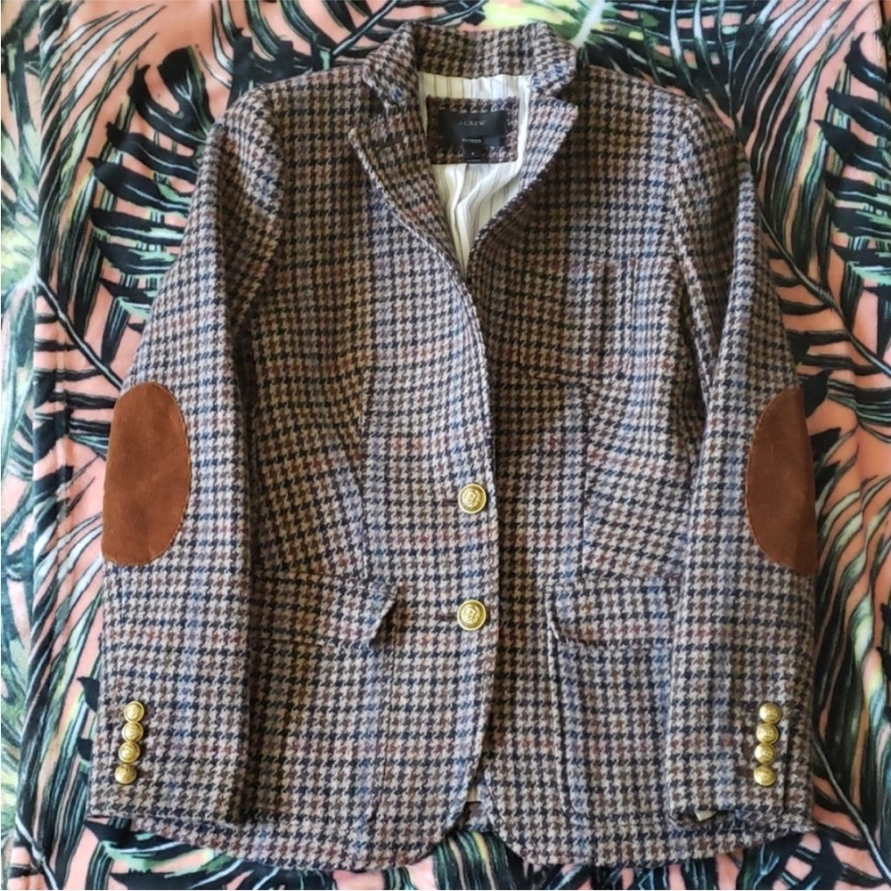 J.Crew Rhodes Blazer Jacket Wool Tweed Houndstooth Elbow Patches Brown Size 6 - Picture 4 of 9